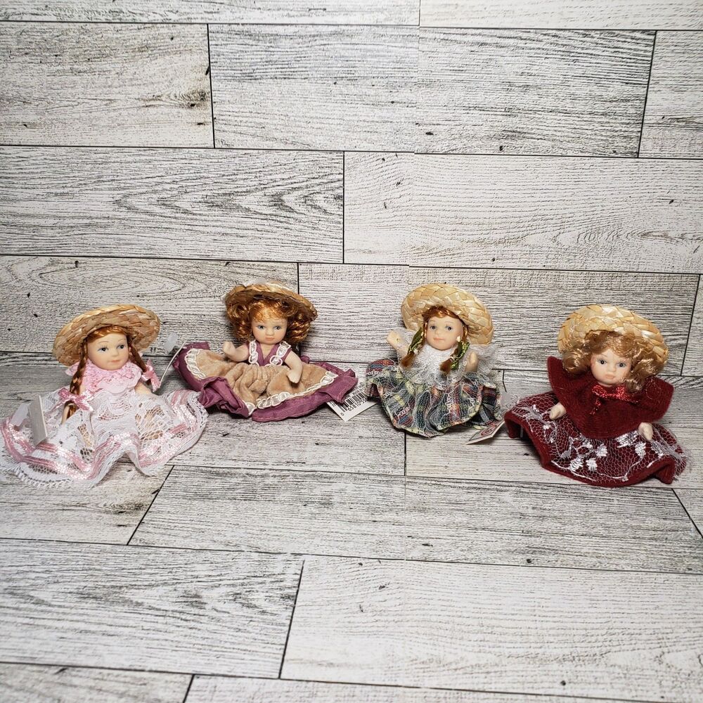 4 Ganz Porcelain Mini Doll Sitting Poseable 2" Jointed Arms Straw Hats Frilly